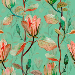 Beautiful magnolia flower tropical pattern. Seamless tropical pattern on mint green background.