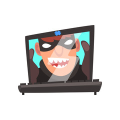 Hacker Face on Laptop Screen, Internet Crime, Computer Security Technology Cartoon Vector Illustration