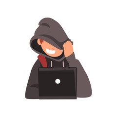 Hacker Hiding his Face Under Hood Trying to Cyber Attack Using Laptop, Internet Crime, Computer Security Technology Cartoon Vector Illustration