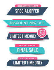 Set of Sale tags or banners in origami style, special offer headers, discount stickers in trendy colors. Vector elements for website design