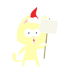 funny flat color illustration of a cat with sign wearing santa hat
