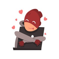 Hacker in Mask Hugging Laptop, Internet Crime, Computer Security Technology Cartoon Vector Illustration