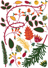 Colorful Leaves and Berries, Sprigs of Briar and Coniferous Trees, Autumn Floral Seamless Pattern, Seasonal Decor Vector Illustration