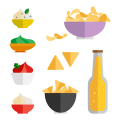 Set of illustrations of various appetizer sauces and beer. Flat style.