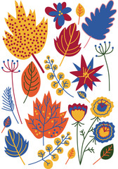 Colorful Autumn Leaves, Flowers and Berries, Floral Seamless Pattern, Seasonal Decor Vector Illustration