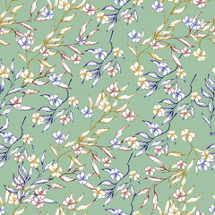 Background of contour spring flowers drawn in ink on a green background. Vintage texture for fabric, tile, wallpaper.