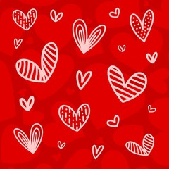 Valentine`s Day Vector illustration pattern with red pink hearts. Background romantic design for greeting cards and invitations
