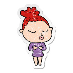 distressed sticker of a cartoon calm woman