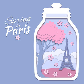 Illustration in the style of paper cutting. On the theme of spring in Paris. Eiffel Tower and flowering tree inside the bottle.