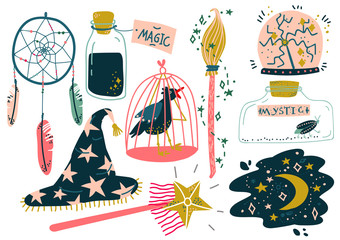 Magic Objects Set, Witchcraft Attributes, Magic Show Equipment Vector Illustration