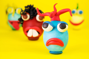 Easter Eggs Cartoonish Characters With Plasticine Eyes, Mouth and Hair Having an Expressive Faces