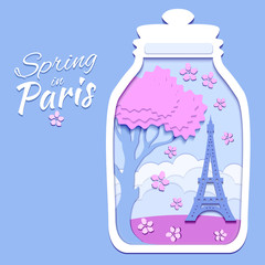 Fototapeta na wymiar Illustration in the style of paper cutting. On the theme of spring in Paris. Eiffel Tower and flowering tree inside the bottle.