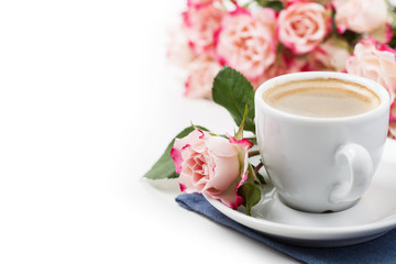 Romantic setup with coffee and roses