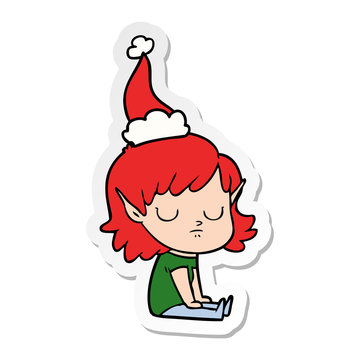 sticker cartoon of a elf girl wearing santa hat