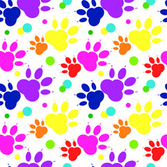 Fototapeta na wymiar Paw pattern, seamless vector pattern silhouettes of paw, cat's feet, dog's footprint. Multicolor on a transparent background background. Bright seamless vector pattern without background.
