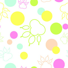 Paw pattern, seamless vector pattern silhouettes of paw, cat's feet, dog's footprint. Multicolor on a transparent background background. Bright seamless vector pattern without background.