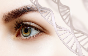 Beautiful female eye looking from DNA chains.