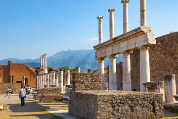 The city of Pompeii buried under a layer of ash by the volcano Mount Vesuvius