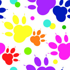 Fototapeta premium Paw pattern, seamless vector pattern silhouettes of paw, cat's feet, dog's footprint. Multicolor on a transparent background background. Bright seamless vector pattern without background.