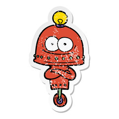 distressed sticker of a happy carton robot with light bulb