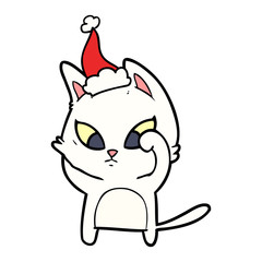 confused line drawing of a cat wearing santa hat