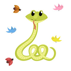 Cartoon cute green smiles snake vector animal illustration.