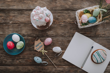 Easter bakery and decoration on wooden table