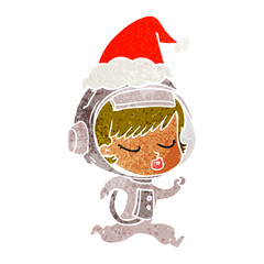 retro cartoon of a pretty astronaut girl running wearing santa hat