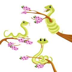 Cartoon cute green smiles snake vector animal illustration.