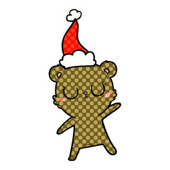 peaceful comic book style illustration of a bear wearing santa hat