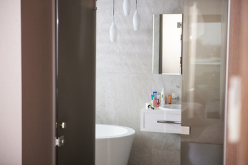 Partially view picture of bath and wash sink