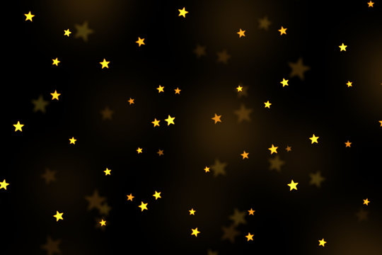 Gold stars bokeh overlay, stars photo overlay, abstract background, shiny gold and yellow stars flowing around. Photo overlay effect, stars bokeh on black background, JPG file.