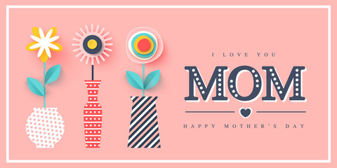 Happy Mothers day greeting card. Paper cut flowers, holiday background. Vector illustration.