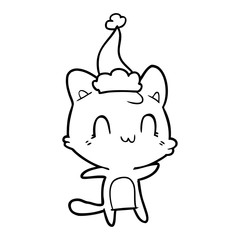 line drawing of a happy cat wearing santa hat