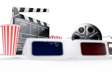 3D illustration, director chair, movie clapper, popcorn, 3d glasses, film strip, film reel and cup with carbonated drink isolated on white background. Cinema Industry Concept.