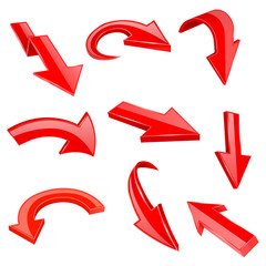 Red 3d shiny arrows. Set of bent icons