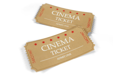 Two cinema tickets isolated on white background, top view, close-up. 3d illustration