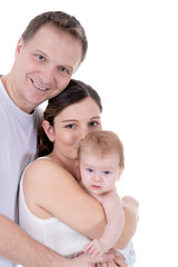 Glückliche Familie mit Baby kuschelt Porträt