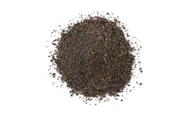 ground or milled nigella heap isolated on white background. top view