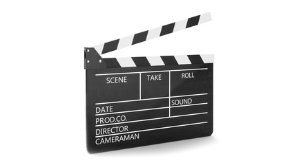 Obraz premium 3d illustration of open movie clapper or clapperboard isolated on white background. Black film clapper with fields for your text. The subject of the film industry.