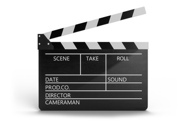 Fototapeta premium 3d illustration of open movie clapper or clapperboard isolated on white background. Black film clapper with fields for your text. The subject of the film industry.