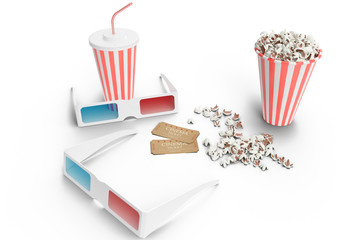 Two 3D Glasses, popcorn cup, cup with carbonated drink and two tickets for single use isolated on white background. Glasses for watching a movie with the effect of 3D, side view 3D illustration