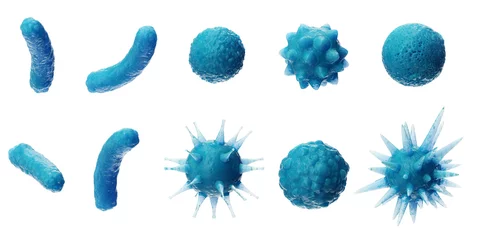 Abstract background virus. Set of virus. Virus icon set. Virus isolated on white background. Colorful bacteria, microbes fungi. Pathogenic viruses that cause harm to a living organism. 3D Illustration © YustynaOlha