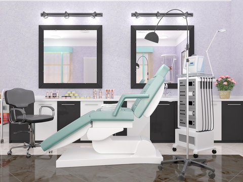 interior room with equipment in the clinic of dermatology and cosmetology. 3d illustration