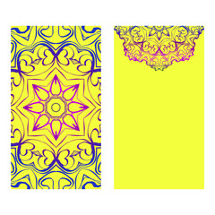 Ethnic Mandala Ornament. Templates With Mandalas. Vector Illustration For Congratulation Or Invitation. The Front And Rear Side. Yellow, rainbow color