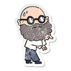 distressed sticker of a cartoon worried man with beard and spectacles pointing finger