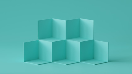 Cube boxes backdrop display on blank wall background. 3D rendering.