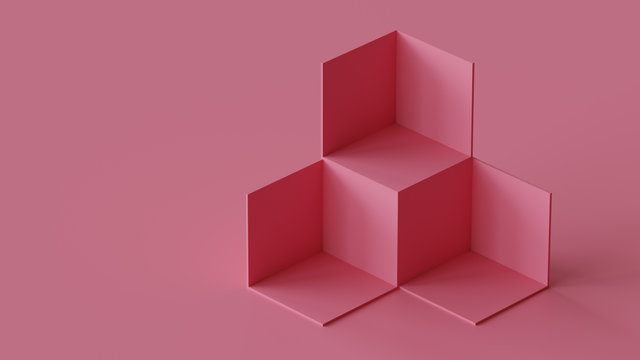 Cube boxes backdrop display on blank wall background. 3D rendering.