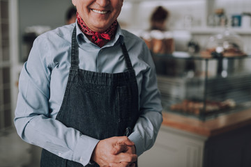 Obraz premium Joyful old man in shirt and apron posing indoors