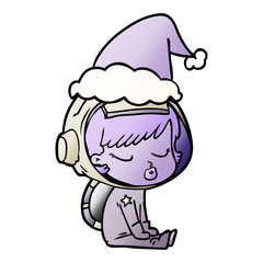 gradient cartoon of a pretty astronaut girl sitting waiting wearing santa hat
